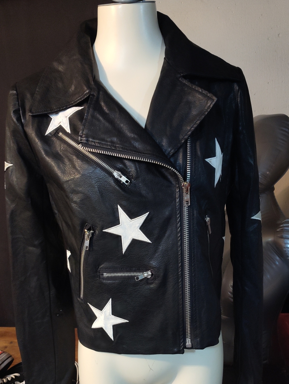 Black Faux  Leather Star-Accent Moto Jacket